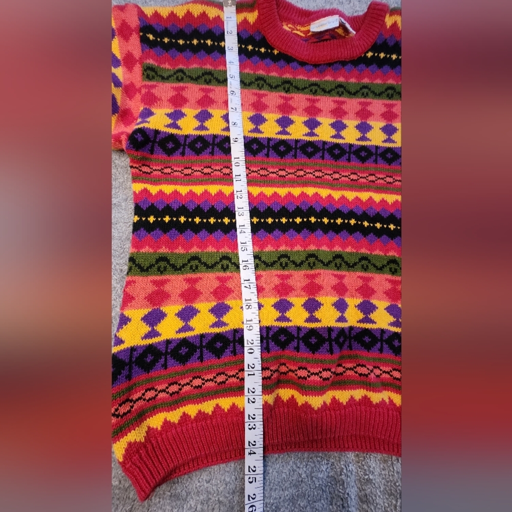 Vintage 80s 90s Interim Geometric Knit Sweater Bold Colorful Sz small Coogi Vibe - Picture 10 of 10